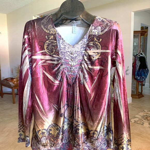 NWOT Style & Co Burgundy/Gold Poly Velveteen Print Top size Medium - 49.00 - Picture 2 of 6